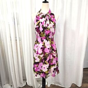 2/$30 Merona Pink &‎ Green Floral Halter Dress Size M Tropical Abstract